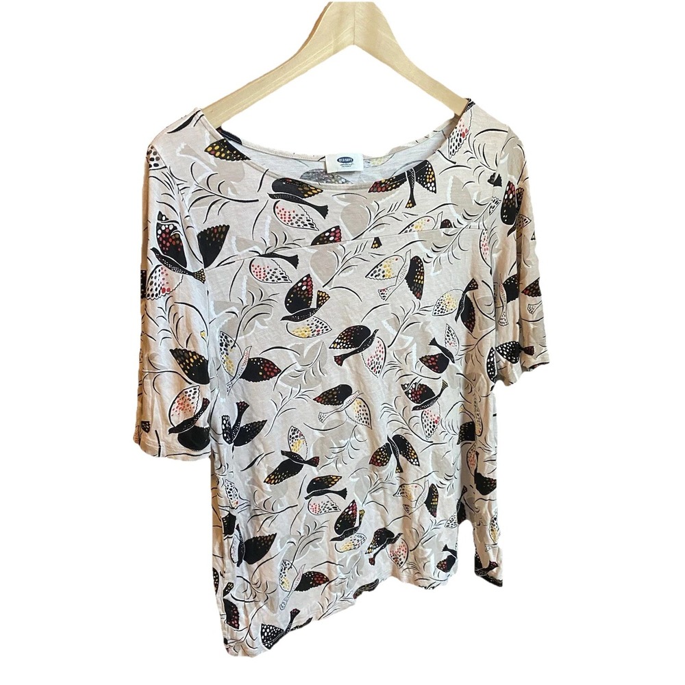 Women's Old Navy Beige Black White Peace Bird Scoop Neck Blouse Sz M